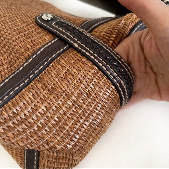 FOSSIL Straw Shoulder Bag Brown Vegan Leather Trim Striped Fabric Lining - Picture 4 of 11
